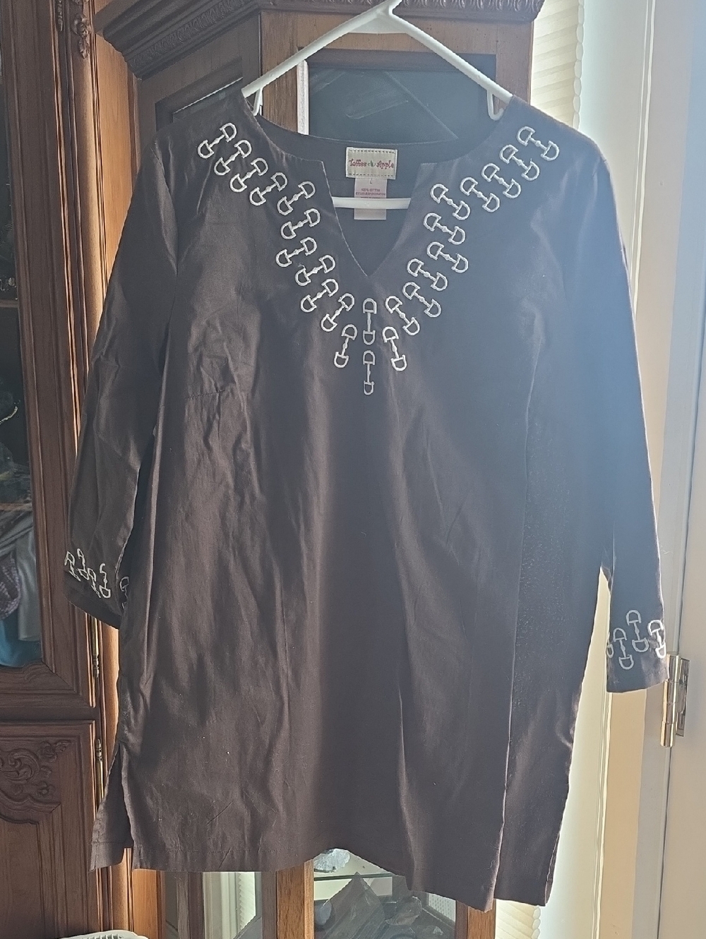 Brown Embroidered V-Neck Women's Tunic Top